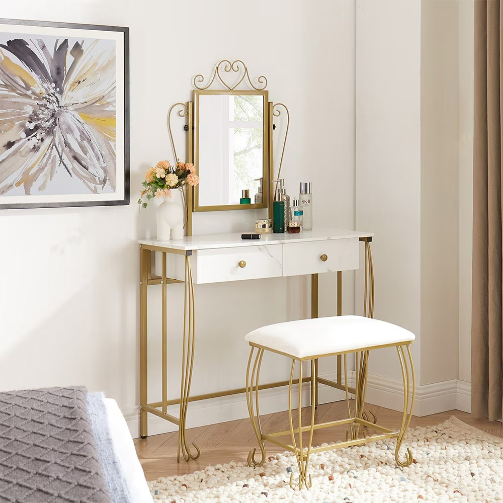 Set da toeletta con specchio e sgabello, scrivania da trucco bianca con cassetti per ragazze, donne, camera da letto, regalo