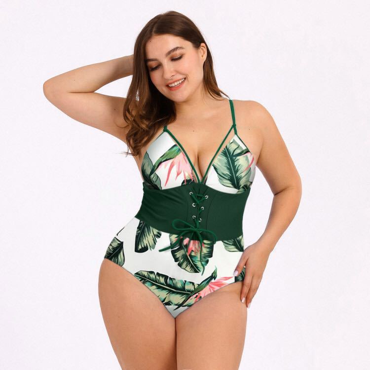 Women's Plus Size Bikini Printed Bouquet Waist TEZZONMAART