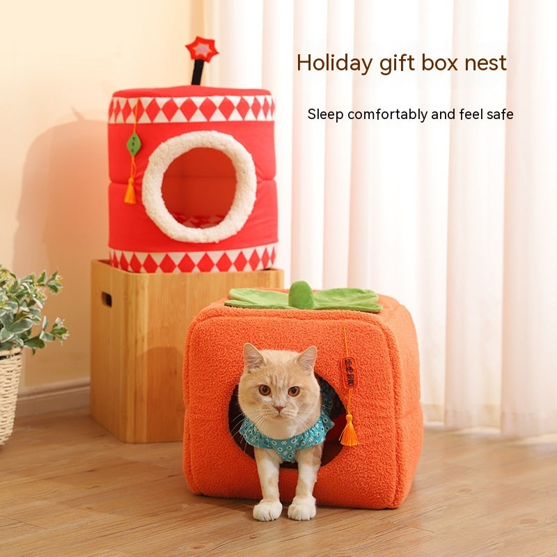 Lucky Persimmon Festive Gift Box Warm Pet Cat Nest