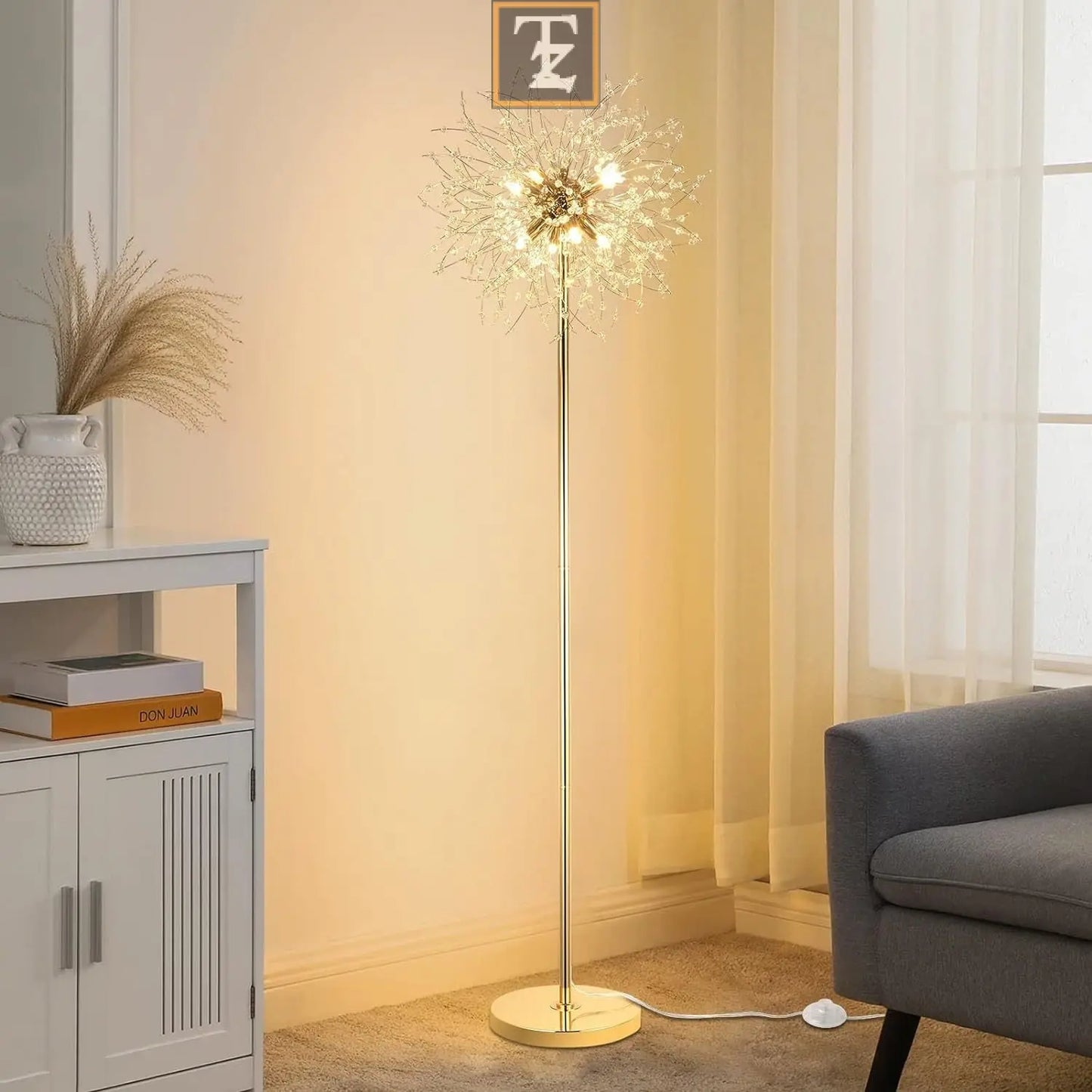 Bedroom Crystal Floor Lamp,,69 Inch High Pole Lamp,Modern Room Decorative Floor Lamp,Includes 32 Fireworks Crystal Suspenders, Chrome Finish Unavailable Platforms- Welfel