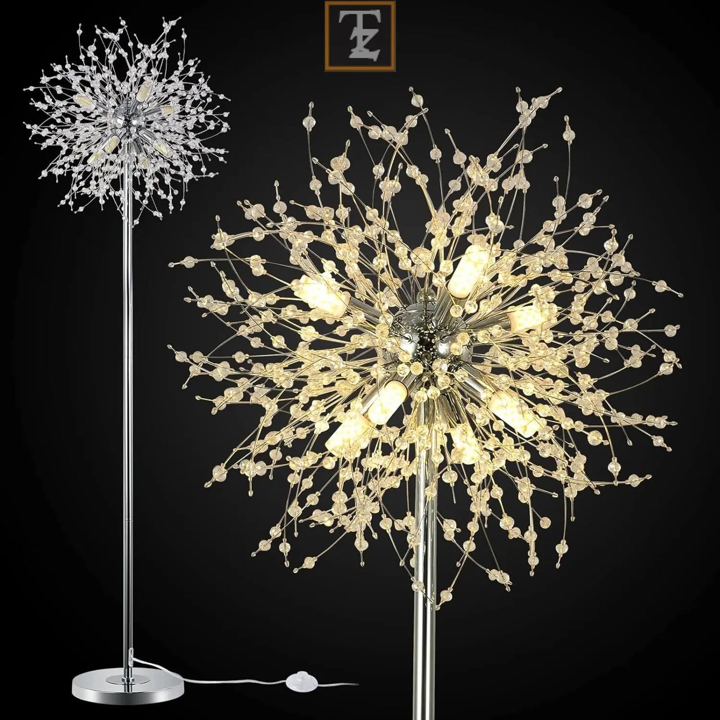 Bedroom Crystal Floor Lamp,,69 Inch High Pole Lamp,Modern Room Decorative Floor Lamp,Includes 32 Fireworks Crystal Suspenders, Chrome Finish Unavailable Platforms- Welfel