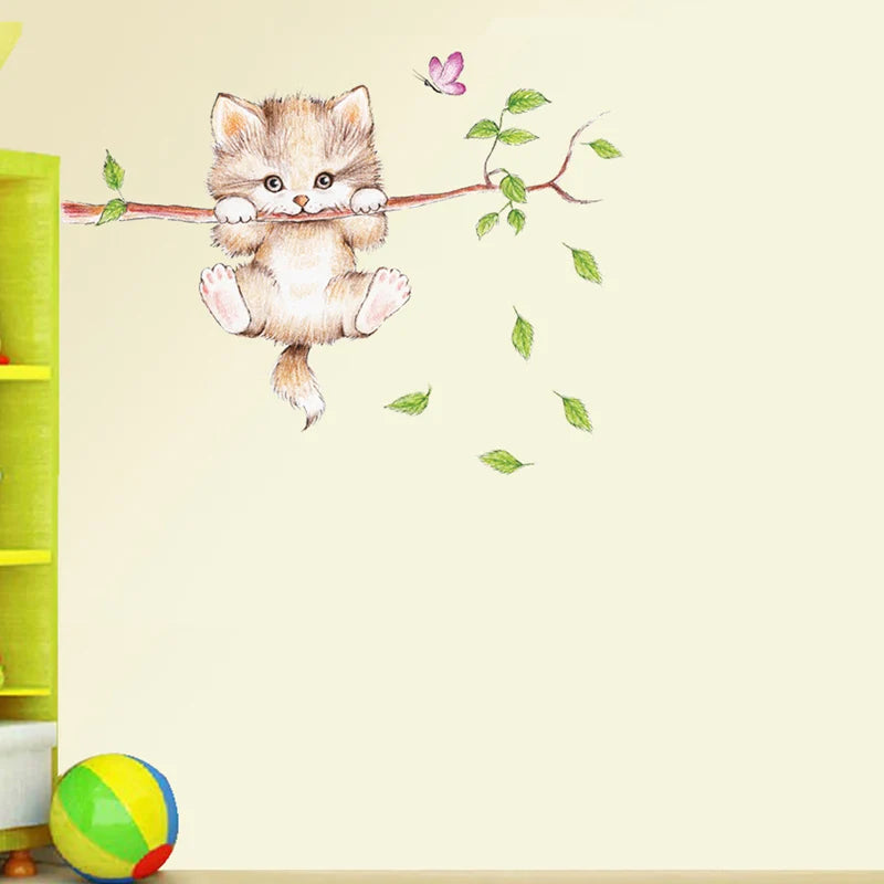 Lovely Cat Hanging Branches Butterfly Wall Stickers For Kids Room Children Bedroom Cute Animals Wall Decals Nursery Decor Mural