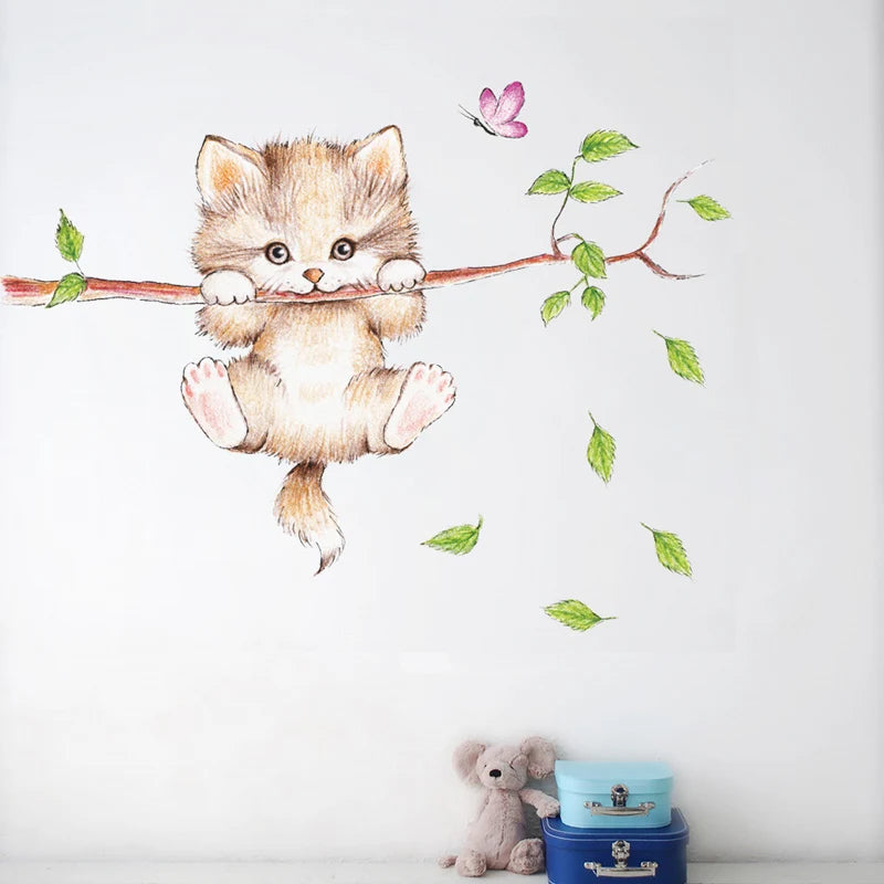 Lovely Cat Hanging Branches Butterfly Wall Stickers For Kids Room Children Bedroom Cute Animals Wall Decals Nursery Decor Mural