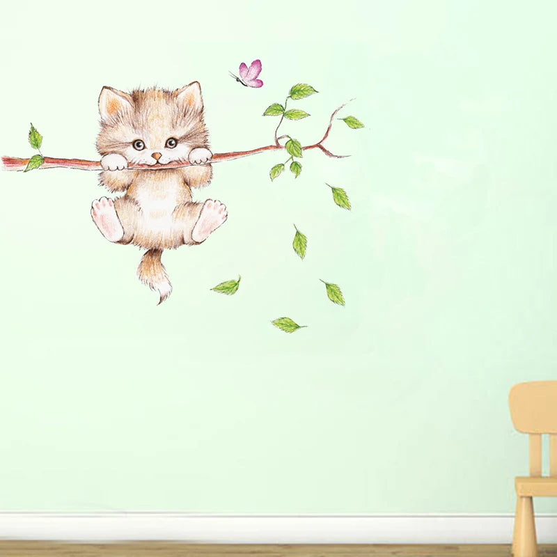 Lovely Cat Hanging Branches Butterfly Wall Stickers For Kids Room Children Bedroom Cute Animals Wall Decals Nursery Decor Mural