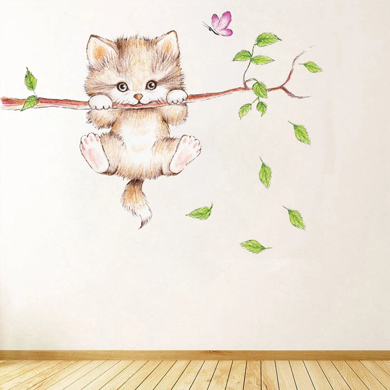 Lovely Cat Hanging Branches Butterfly Wall Stickers For Kids Room Children Bedroom Cute Animals Wall Decals Nursery Decor Mural