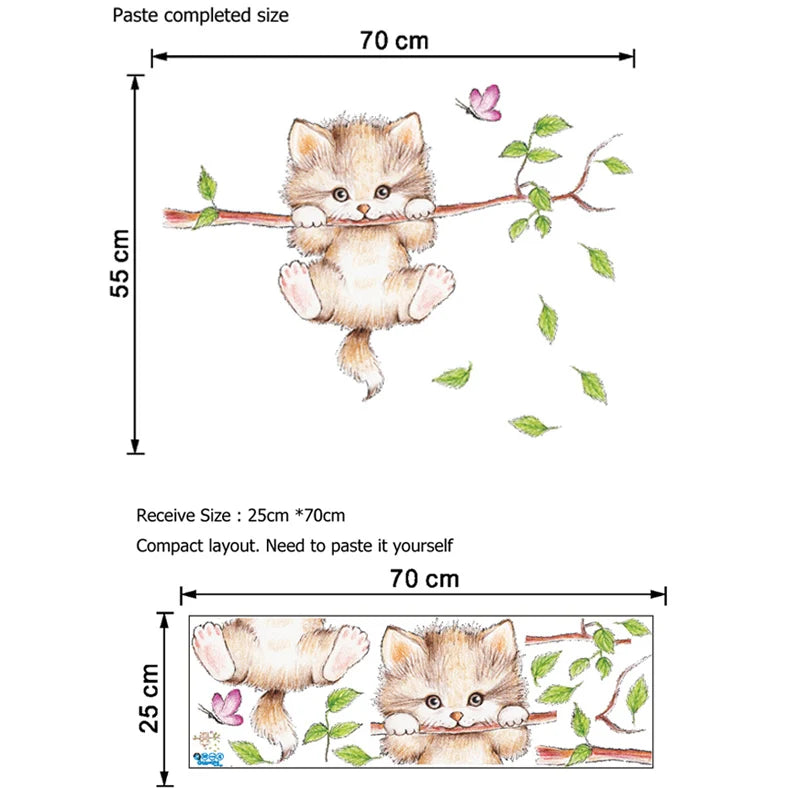 Lovely Cat Hanging Branches Butterfly Wall Stickers For Kids Room Children Bedroom Cute Animals Wall Decals Nursery Decor Mural