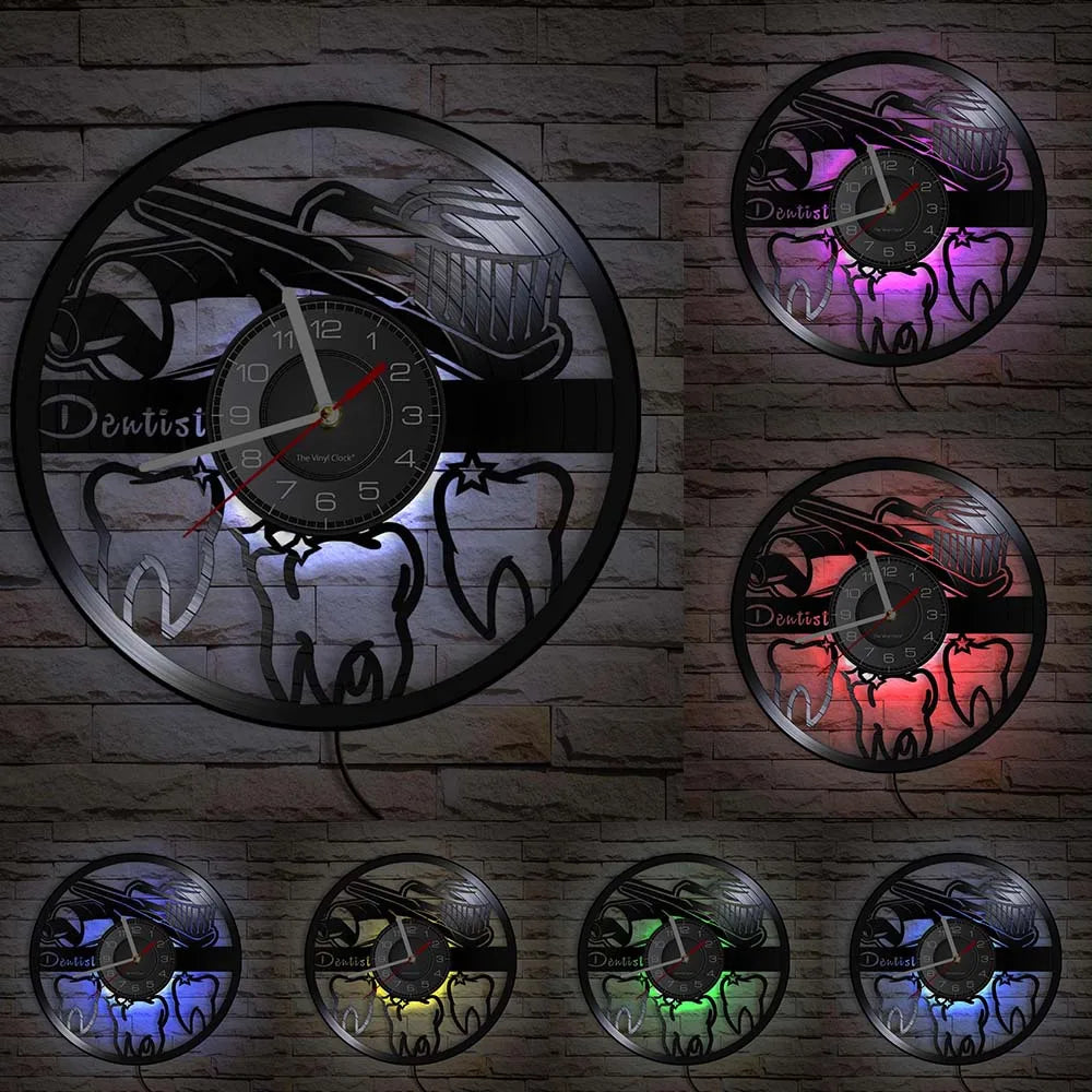 Dentist Equipment Dental Office Teeth Wall Sign Decorative Clock Orthodontist Vinyl Record Wall Clock Nurse Appreciation Gift