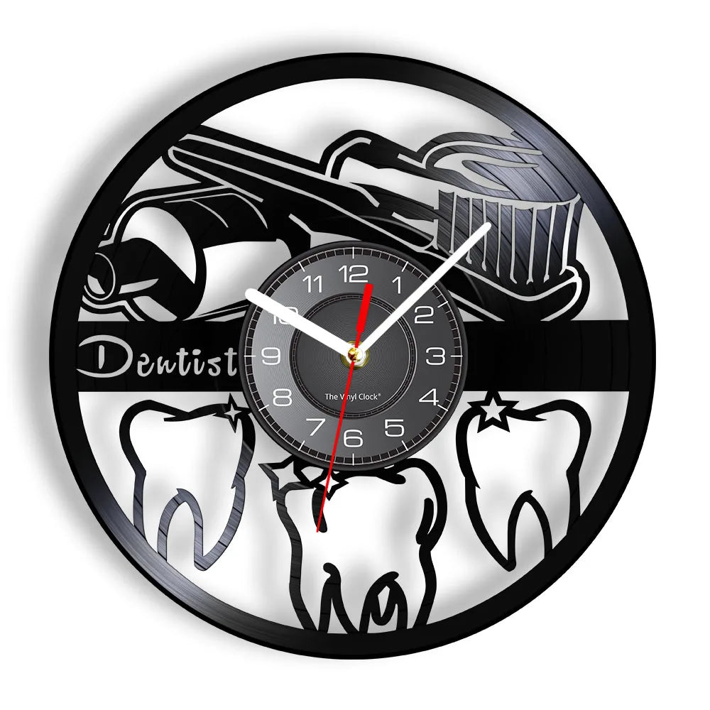 Dentist Equipment Dental Office Teeth Wall Sign Decorative Clock Orthodontist Vinyl Record Wall Clock Nurse Appreciation Gift