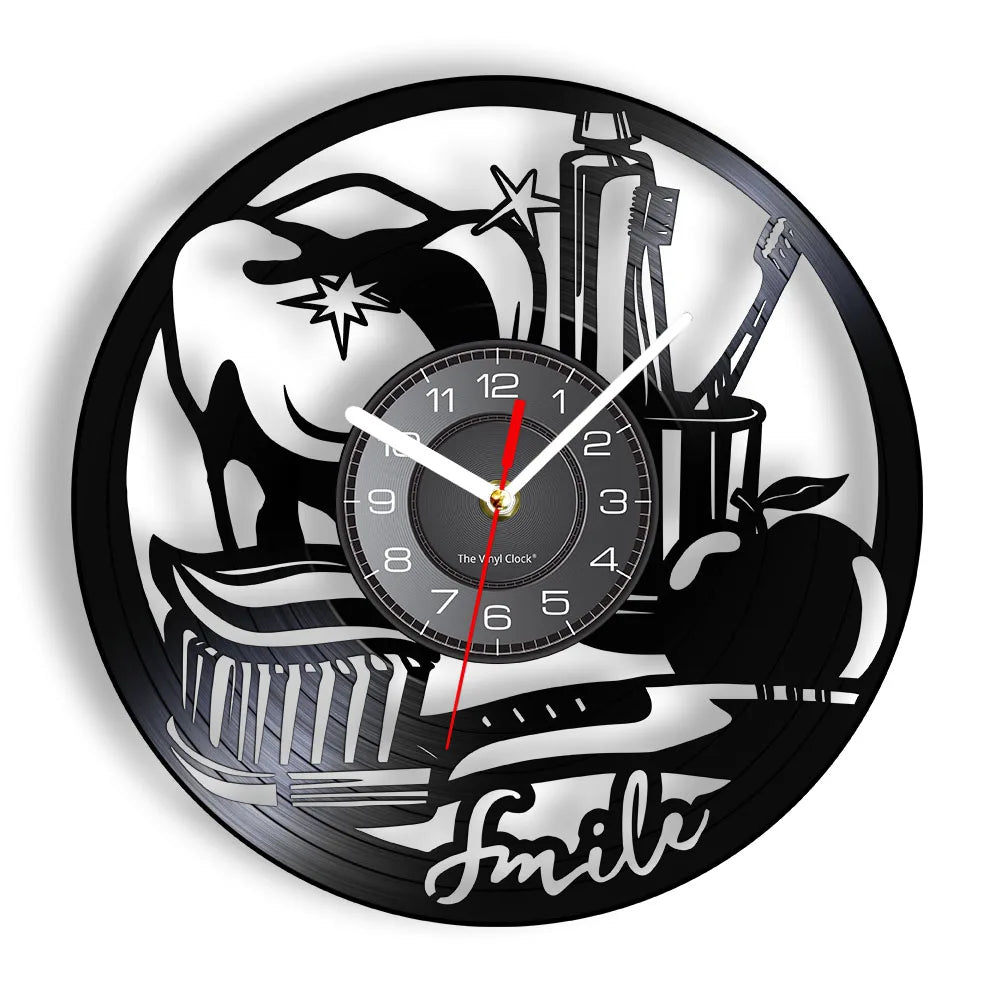 Dentist Equipment Dental Office Teeth Wall Sign Decorative Clock Orthodontist Vinyl Record Wall Clock Nurse Appreciation Gift