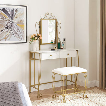 Set da toeletta con specchio e sgabello, scrivania da trucco bianca con cassetti per ragazze, donne, camera da letto, regalo
