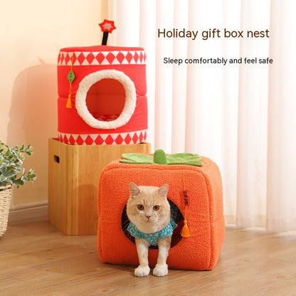 Lucky Persimmon Festive Gift Box Warm Pet Cat Nest