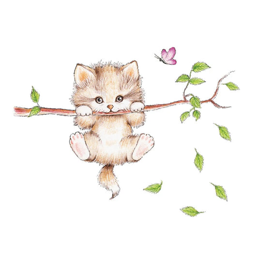 Lovely Cat Hanging Branches Butterfly Wall Stickers For Kids Room Children Bedroom Cute Animals Wall Decals Nursery Decor Mural