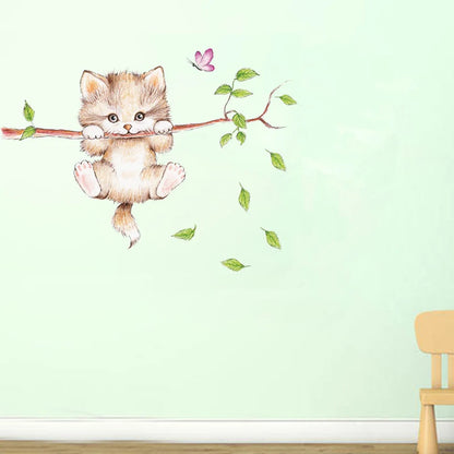 Lovely Cat Hanging Branches Butterfly Wall Stickers For Kids Room Children Bedroom Cute Animals Wall Decals Nursery Decor Mural