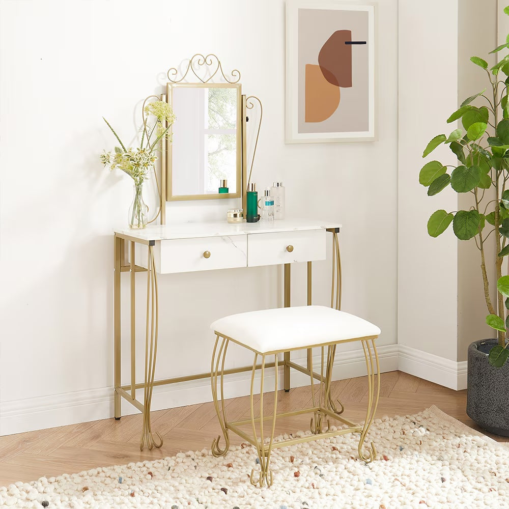 Set da toeletta con specchio e sgabello, scrivania da trucco bianca con cassetti per ragazze, donne, camera da letto, regalo